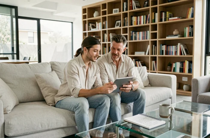 Couple consultant des annonces immobilières sur une tablette dans un salon moderne et lumineux