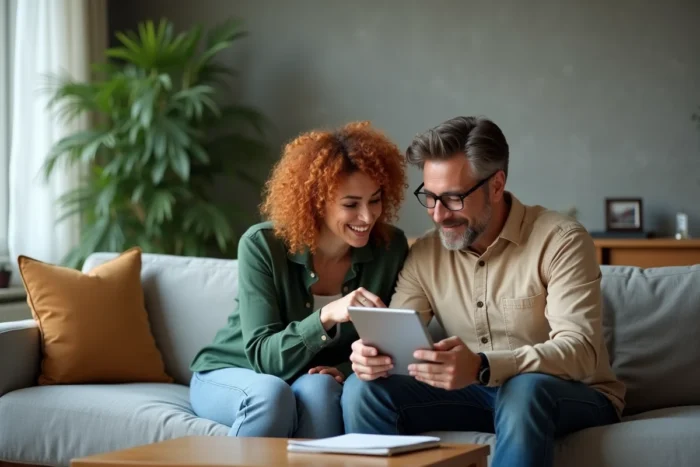 Couple recherchant ensemble une voiture sur un annuaire en ligne via une tablette dans leur salon