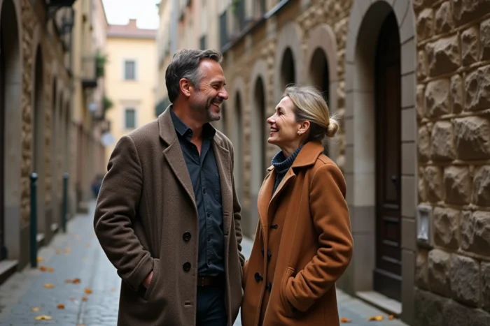 Couple riant spontanément dans une rue pavée en automne, symbolisant la surprise de l'amour inattendu