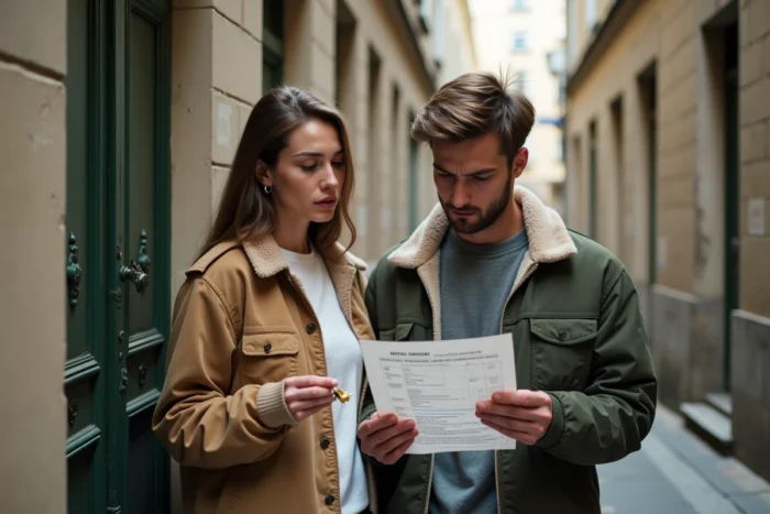 Couple de voyageurs vérifiant leur réservation de location à Paris devant la porte d'un appartement dans le Marais