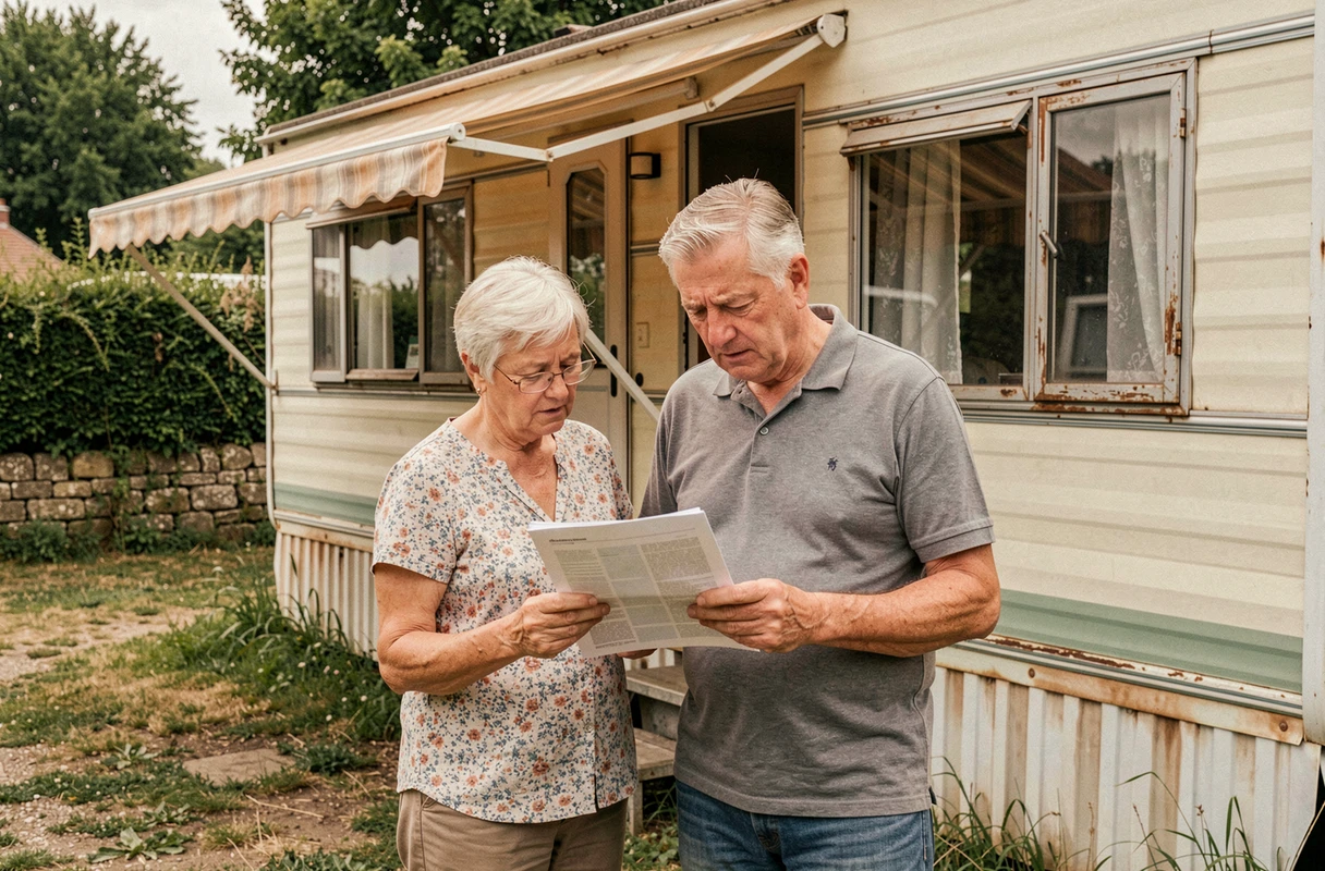 Couple de retraités français consultant des documents devant leur mobil-home vieillissant sur un terrain de camping