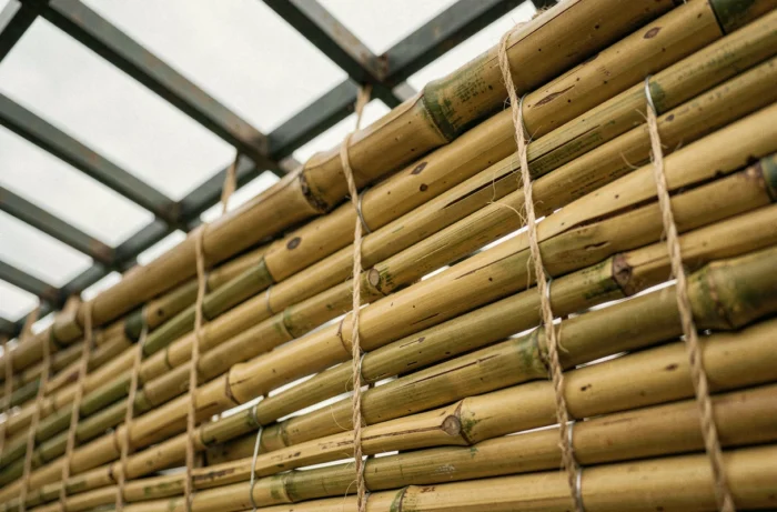 Détail d'une canisse en bambou fixée à une pergola métallique avec des liens en jute, montrant la texture naturelle des tiges