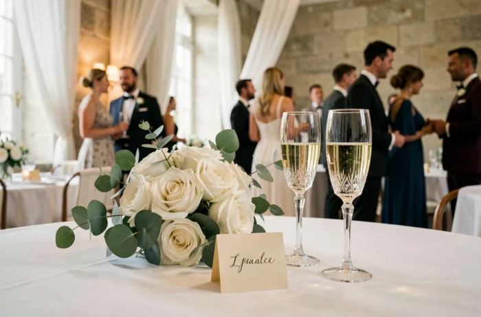Détail de table de mariage élégant avec roses blanches, verres en cristal et carton de place manuscrit dans un château français