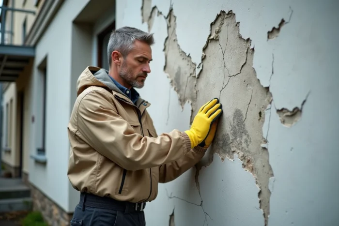 Inspecteur de bâtiment examinant des fissures et des traces d'humidité sur une façade endommagée après un hiver pluvieux