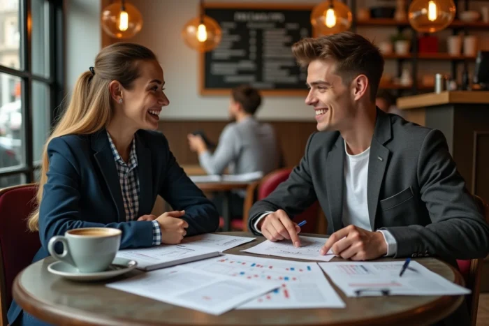 Deux jeunes entrepreneurs discutant d'une stratégie de lancement de business autour d'un café en ville
