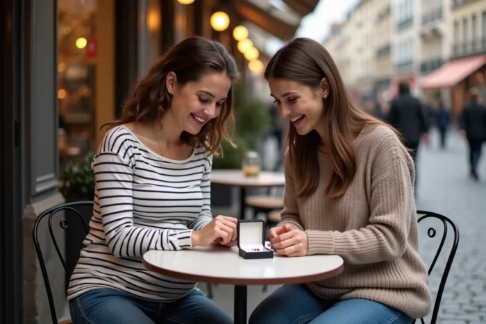 Deux femmes assises à une terrasse de café parisien découvrant ensemble un collier bola de grossesse dans un écrin ouvert