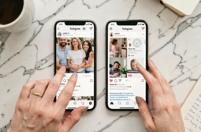 Deux smartphones affichant des comptes Instagram distincts posés sur marbre blanc, vue de dessus