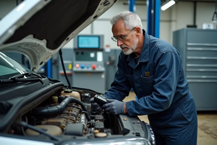 Mécanicien professionnel inspectant le moteur d'un SUV d'occasion avec un scanner de diagnostic en garage