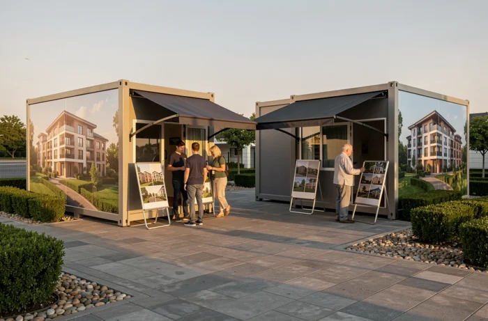 Deux bureaux de vente modulaires côte à côte dans un espace de présentation immobilier avec des visiteurs consultant les offres