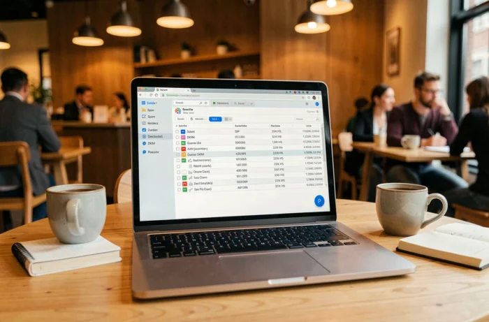 Écran d'ordinateur portable affichant les paramètres d'authentification email SPF et DKIM dans un café moderne
