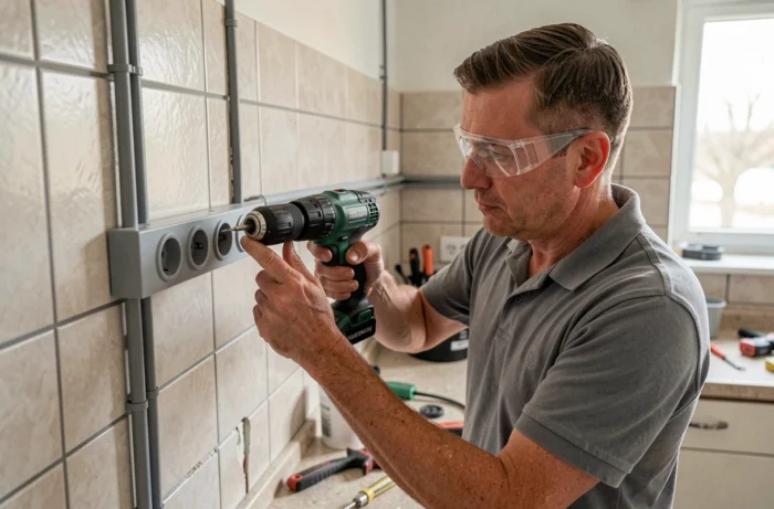 Électricien installant une goulotte PVC avec prises intégrées sur le carrelage d'une cuisine en rénovation
