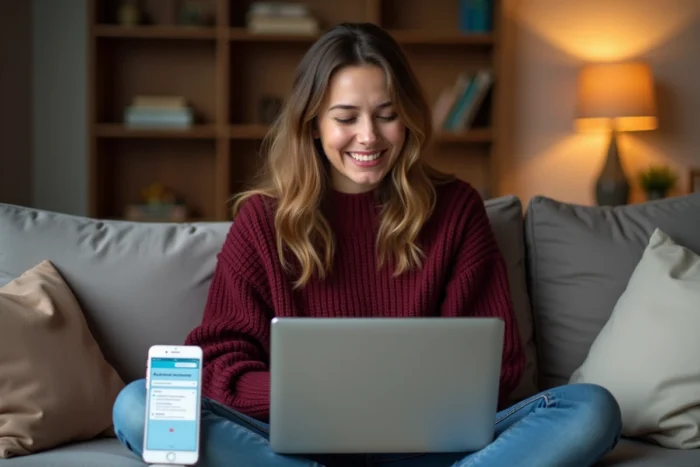 Jeune enseignante soulagée après avoir résolu son problème de connexion à Iprof Versailles depuis chez elle
