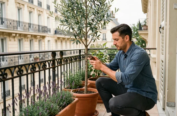 Homme entretenant un olivier en pot sur un balcon haussmannien à Paris avec vue sur un boulevard parisien