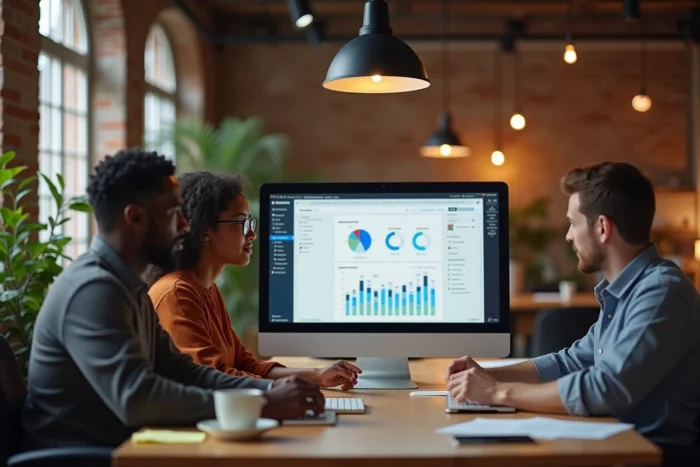 Trois collègues en entreprise comparent des plateformes de formation en ligne sur un écran d'ordinateur dans un open space moderne