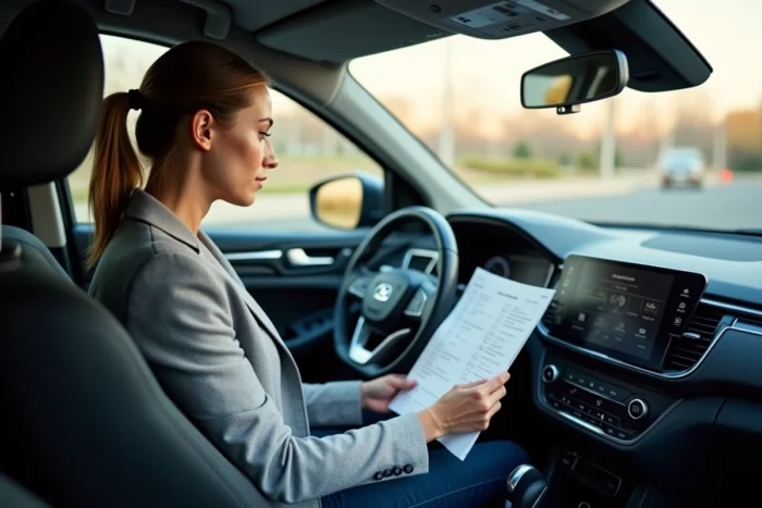 Femme évaluant l'intérieur d'un SUV d'occasion lors d'un essai routier avec une liste de contrôle