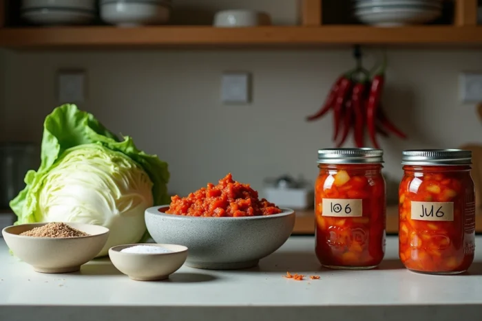 Étapes de préparation du kimchi maison sur un plan de travail en béton avec chou, pâte gochugaru et bocaux fermentés étiquetés
