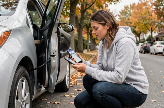Femme consultant l'étiquette de pression des pneus sur une Toyota Yaris hybride garée dans une rue résidentielle en automne