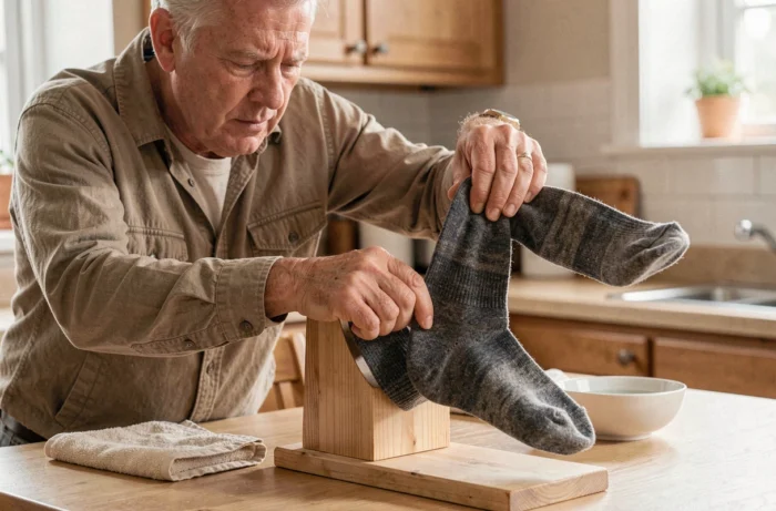 Homme étirant manuellement une chaussette humide sur une forme rigide en bois pour l'agrandir