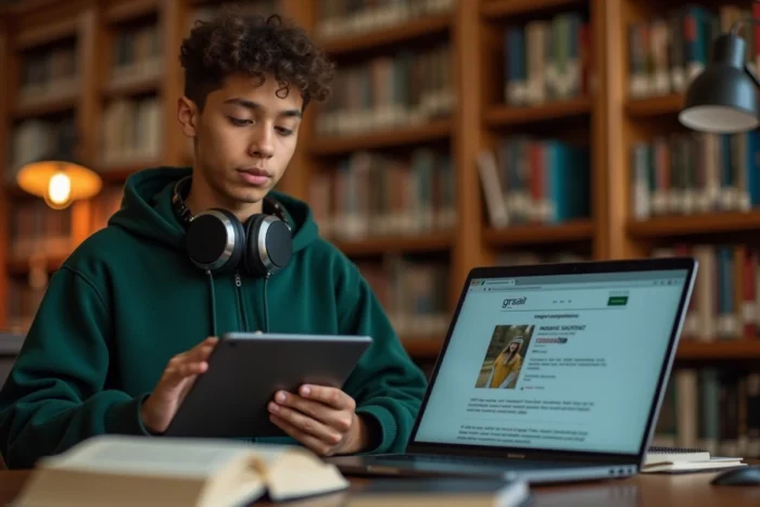 Étudiant en bibliothèque utilisant une tablette et un ordinateur portable pour retrouver l'image source d'une plage Pix