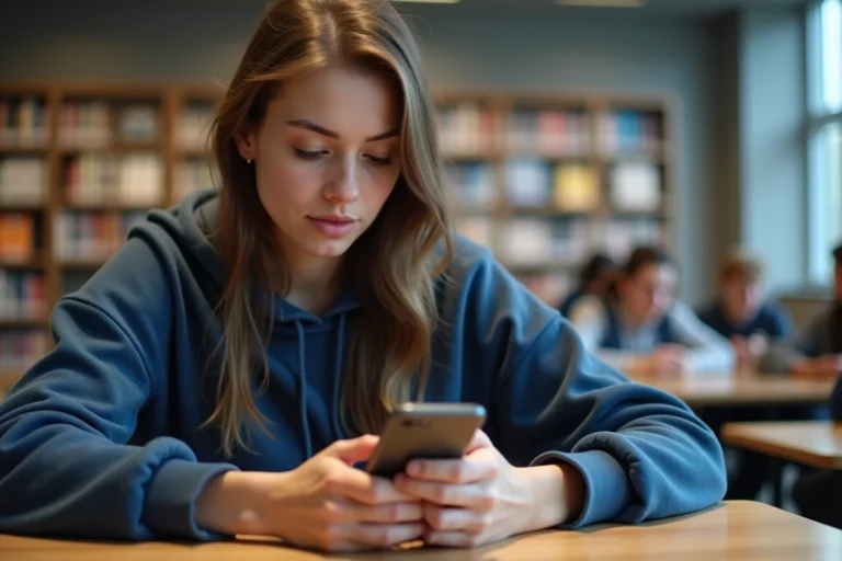 Étudiante configurant sa messagerie Zimbra Unicaen sur smartphone Android dans une bibliothèque universitaire