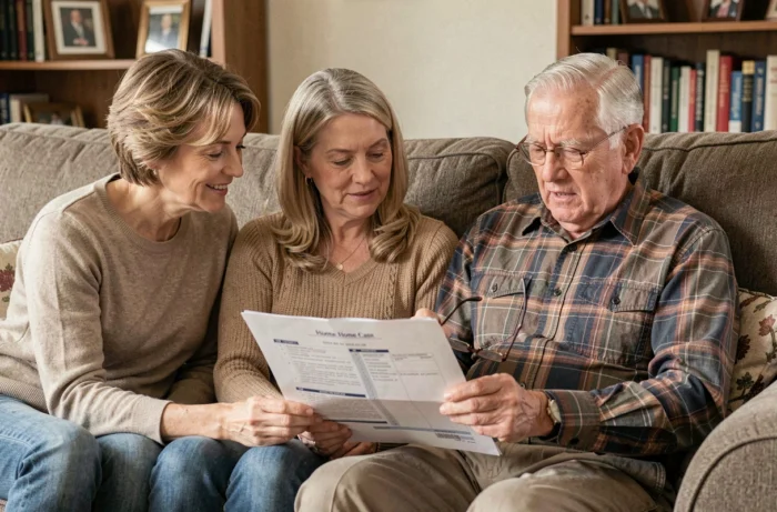 Une famille adulte et son père âgé examinent ensemble un plan de services de veille à domicile, planification de la sécurité des parents âgés