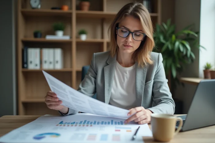 Femme analysant les détails d'un contrat de prévoyance à son bureau à domicile