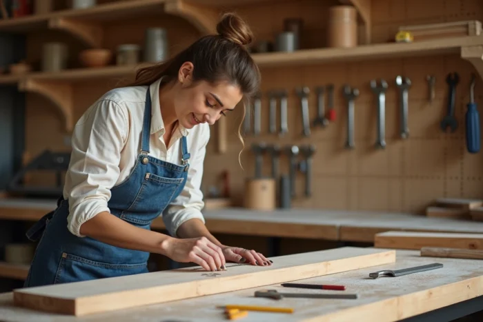 Femme artisane mesurant une planche en bois dans un atelier DIY bien équipé avec outils organisés