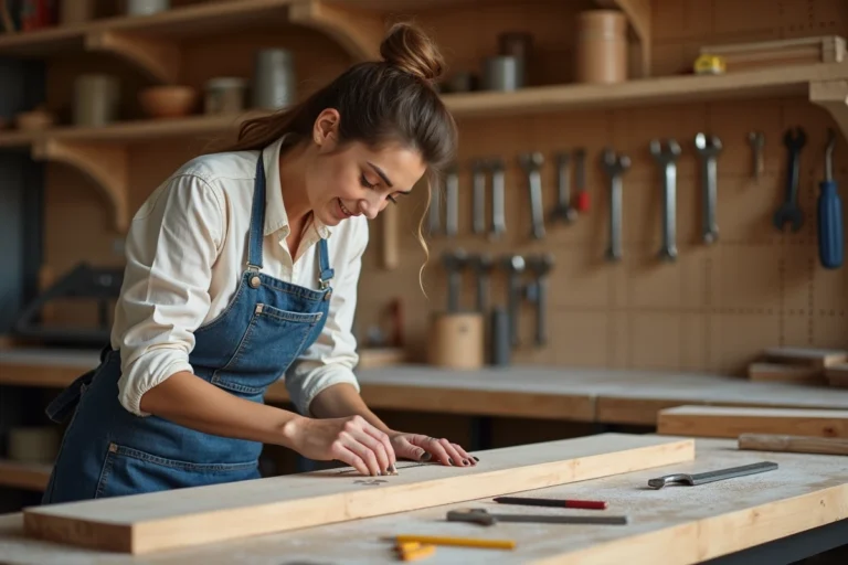 Femme artisane mesurant une planche en bois dans un atelier DIY bien équipé avec outils organisés