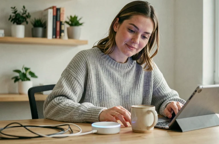 Femme utilisant une enceinte connectée et une tablette dans un bureau minimaliste à domicile