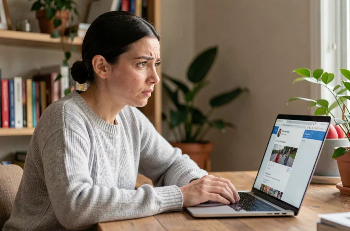 Femme consultant son profil Facebook sur un ordinateur portable à son bureau à domicile, l'air intriguée par les visiteurs de son profil