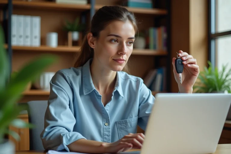 Femme consultant son compte CPF sur un ordinateur portable avec une clé de voiture à la main