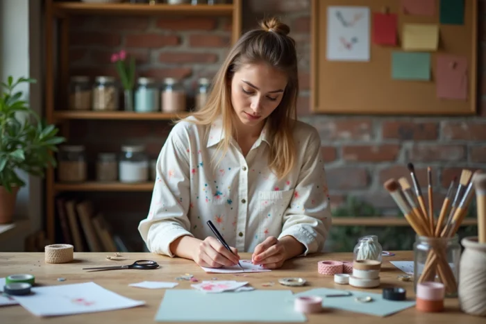 Jeune femme créative découpant des éléments décoratifs entourée de matériaux créatifs dans un studio artisanal