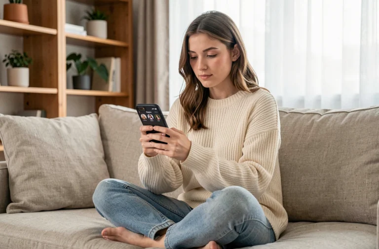 Jeune femme gérant deux comptes Instagram sur son smartphone dans un salon minimaliste