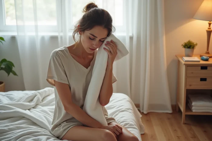 Femme diabétique assise au bord du lit le matin, essuyant sa transpiration nocturne avec une serviette, glucomètre visible sur la table de chevet