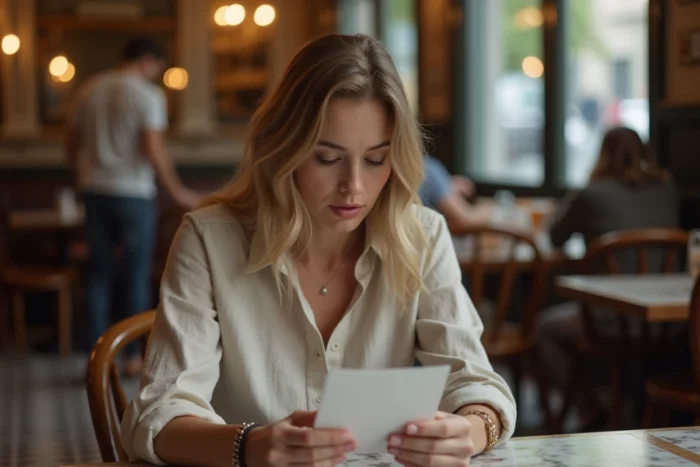 Femme émue lisant une note manuscrite inattendue dans un café parisien, illustrant l'amour surprenant