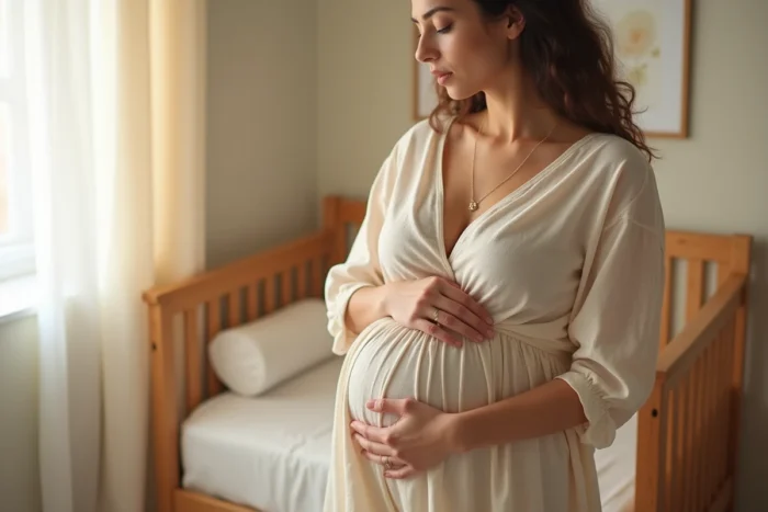 Femme enceinte portant un collier bola de grossesse doré posé sur son ventre rond, dans une chambre de bébé lumineuse et apaisante