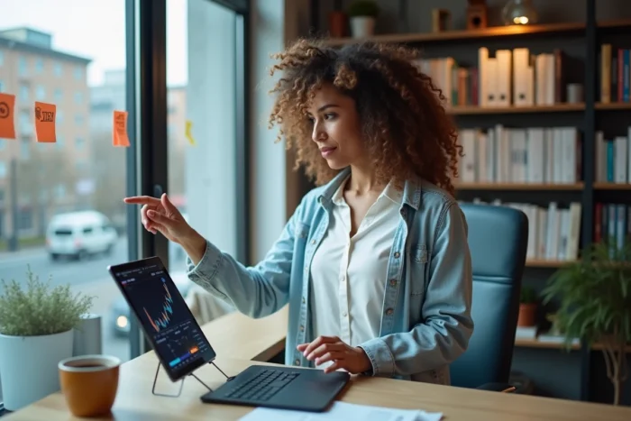 Femme entrepreneuse analysant des graphiques financiers sur tablette dans un bureau à domicile moderne