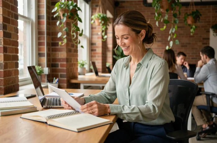 Femme épanouie au travail souriante à son bureau dans un open space moderne avec plantes et briques apparentes