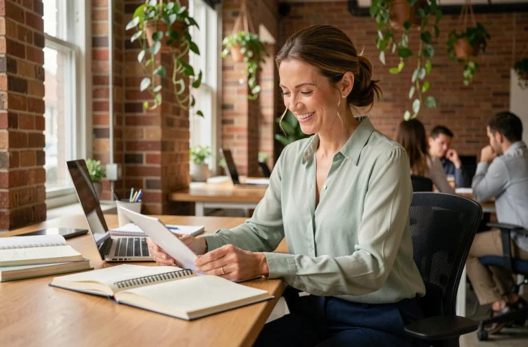 Femme épanouie au travail souriante à son bureau dans un open space moderne avec plantes et briques apparentes