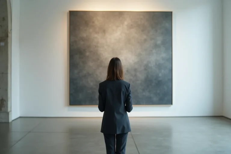 Femme devant une grande peinture contemporaine dans une galerie d'art moderne aux murs blancs et sols en béton