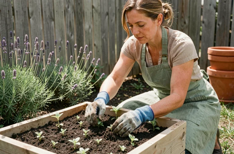 Femme jardinant dans un potager surélevé en bois, transplantant des plants d'herbes aromatiques dans un sol riche et foncé