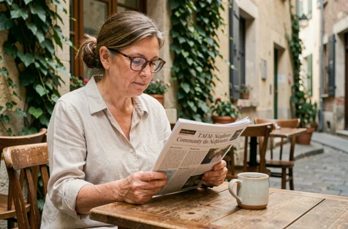 Femme lisant un journal local en terrasse de café dans un village français, illustrant la vie quotidienne et les actualités locales