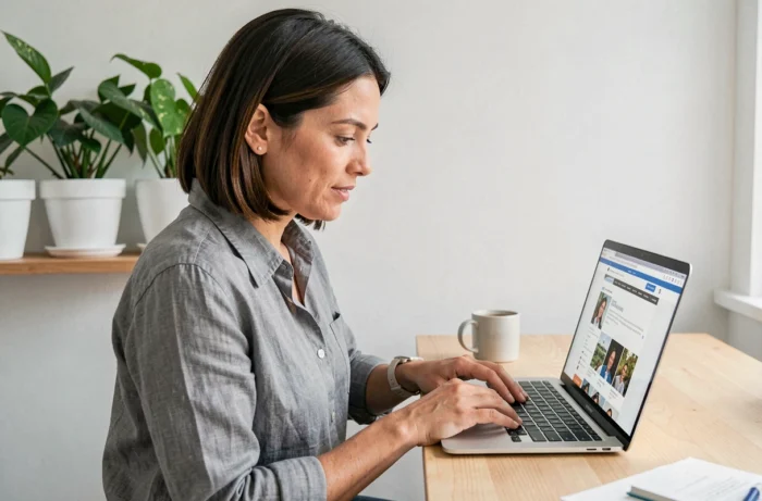Femme lisant des actualités sur un site d'information depuis son bureau à domicile
