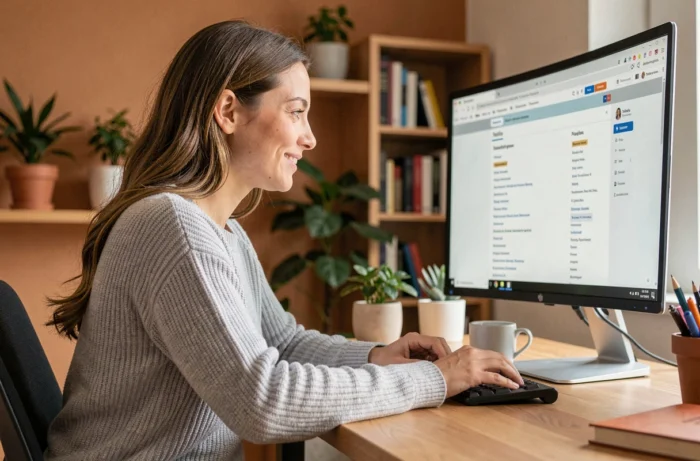 Femme naviguant sur la carte du site d'un journal en ligne depuis son bureau à domicile