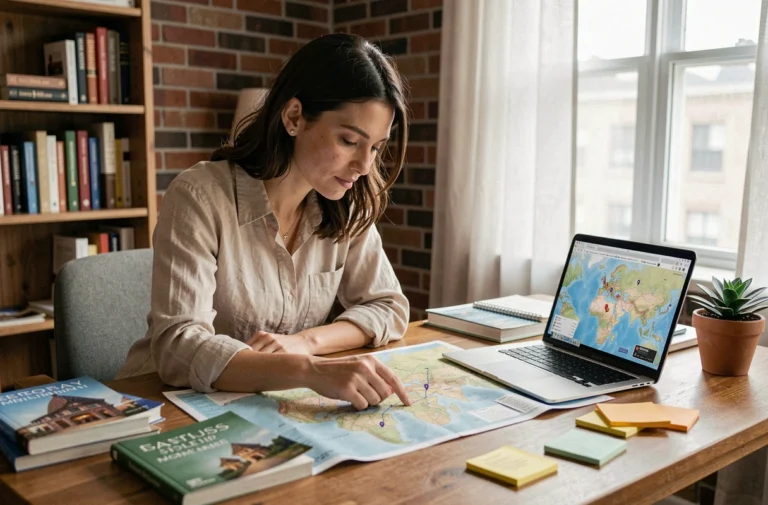 Femme organisant un voyage avec une carte interactive sur ordinateur et une carte papier sur un bureau en bois