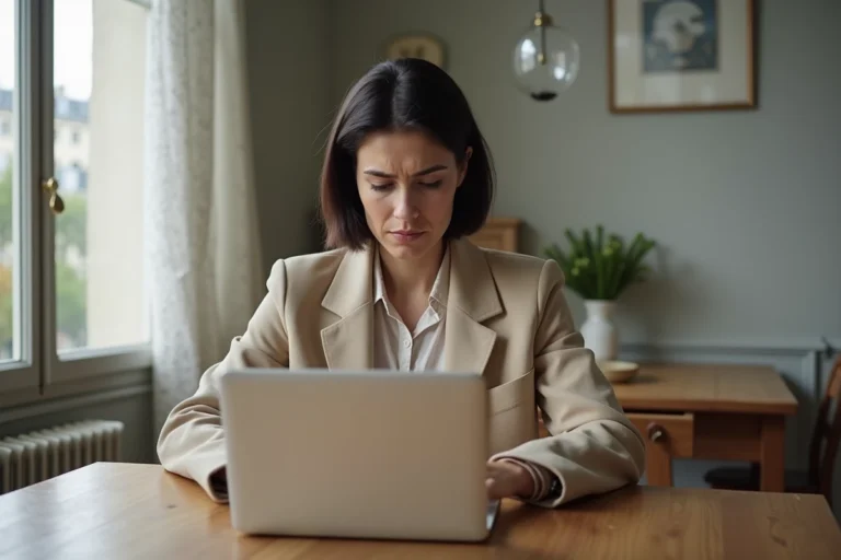 Femme parisienne vérifiant les avis d'une plateforme de location courte durée sur son ordinateur portable dans un appartement haussmannien