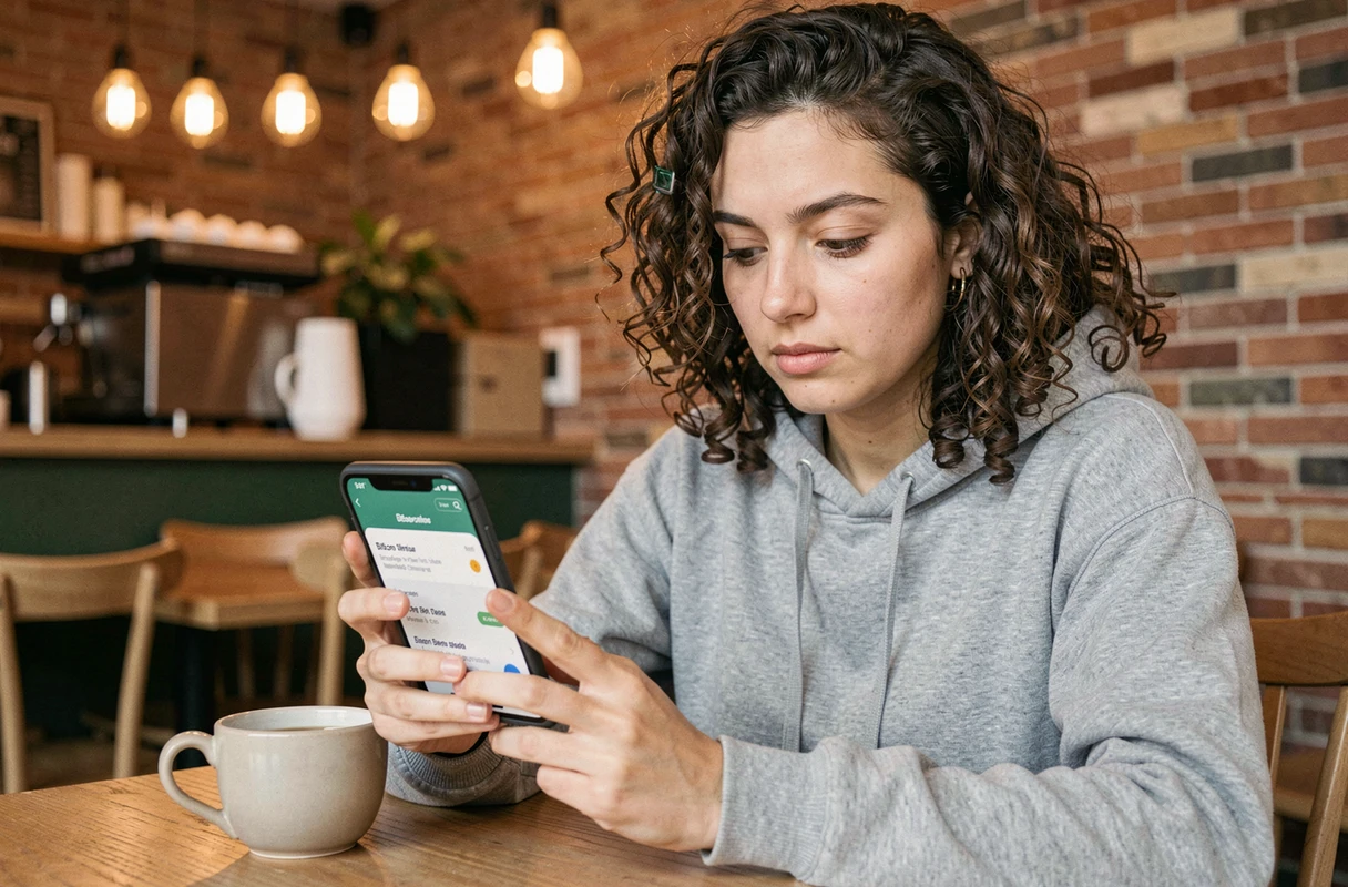 Femme consultant son portefeuille Bitcoin sur smartphone dans un café, actualités crypto-monnaies