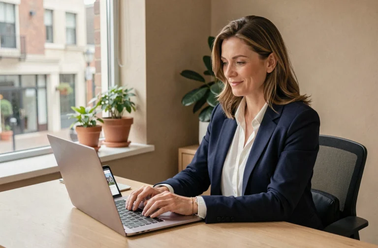 Femme professionnelle utilisant une plateforme immobilière en ligne sur son ordinateur portable dans un bureau moderne