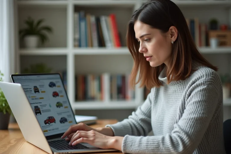 Femme cherchant une voiture sur un annuaire automobile en ligne depuis son bureau à domicile