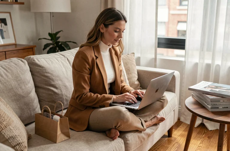 Femme élégante en blazer camel faisant du shopping de mode en ligne sur un ordinateur portable dans un salon minimaliste